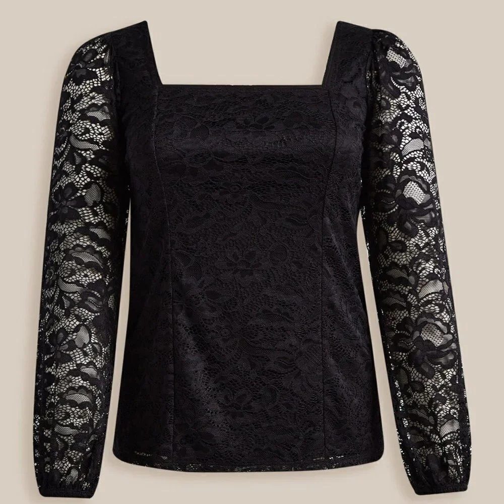 Torrid - Lace Square Neck Long Sleeve Top in Deep Black​​​​​​​​ - Picture 13 of 13